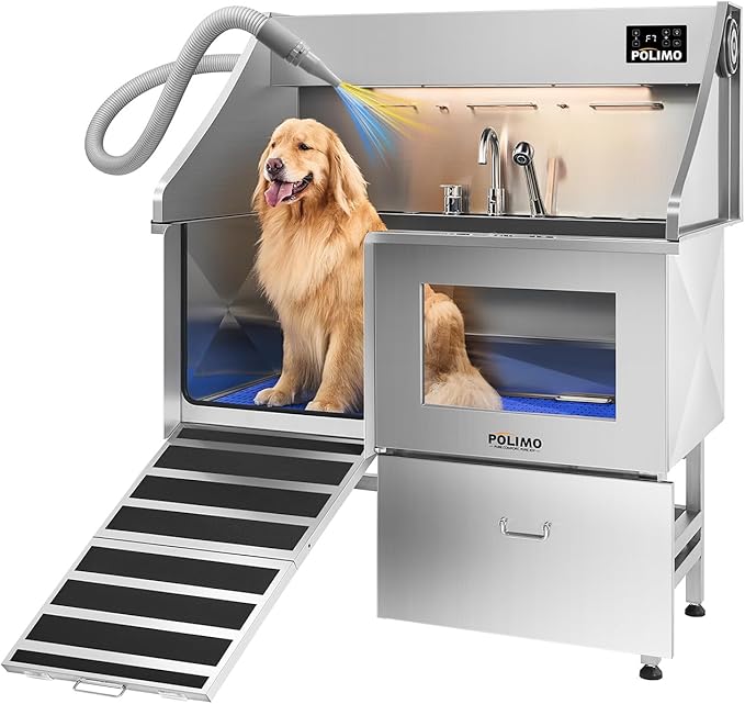 POLIMO Dog Washing Station with Built-in Pet Dryer and LED Display 50" (Left Ramp), 304 Stainless Steel Dog Bathtub for Large Medium Small Dogs, Wash and Dry Grooming Tub with Faucet, Storage Drawer by BathTimeMadeEasy