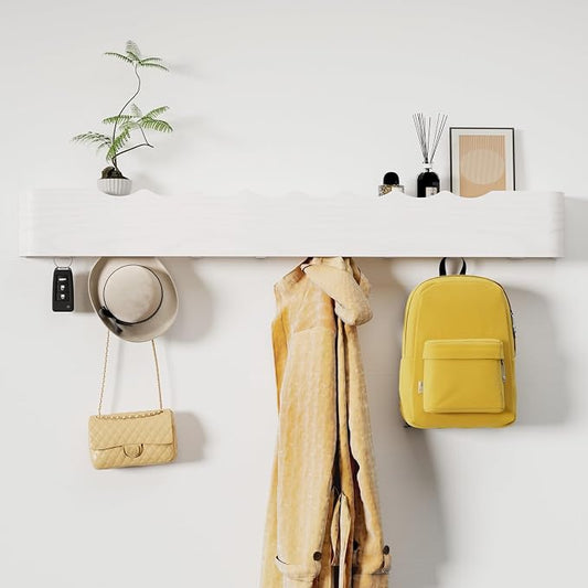 Coat Rack Wall Mount with Shelf 8 Hidden Hooks Modern Wooden Key Holder Entryway Organizer for Hallway Bedroom Bathroom Home Decor Storage for Hanging Coats Hats Bags Towels, Wave-Shape White by Jadoxy