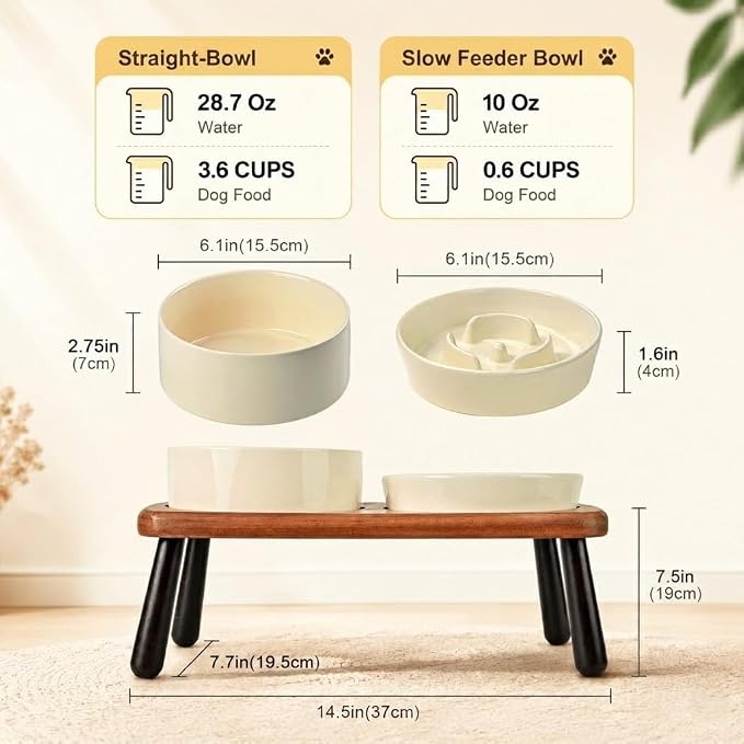 SPUNKYJUNKY Ceramic Elevated Dog Bowls with Slow Feeder Raised with Acacia Bamboo Wooden Stand, 6.1'' Dog and Cat Food Water Bowls Set Non-Slip for Small Medium Sized Breed - Beige - Image 2