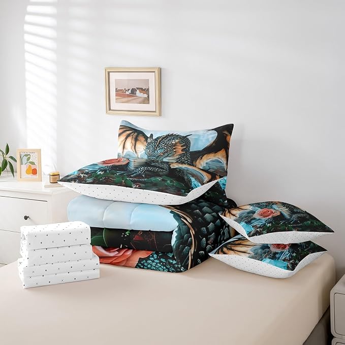 Erosebridal Magical Animal King Bedding Set - Flower Dragon Bed in A Bag,3D Wildlife Comforter Sets with Sheets, Cute Wild Animal 7 Pieces Bed Set Bedroom Decor - Image 6