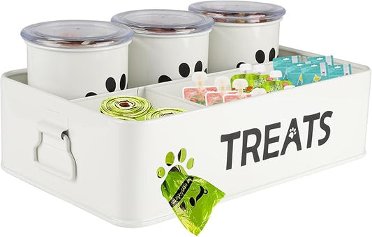 28oz Metal Dog Treat Container Set of 3,Dog Treat Jars with Airtight Lids,Cat Treat Jar,Dog Treat Canister for Countertop,Coated Galvanized Steel Dog Treats Station-White by Brabtod