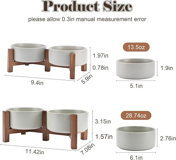 SPUNKYJUNKY Ceramic Dog Bowls with Acacia Wood Stand - Raised Dog Food and Water Bowl Set for Medium Dogs (28.74 OZ, Gray) - Image 2