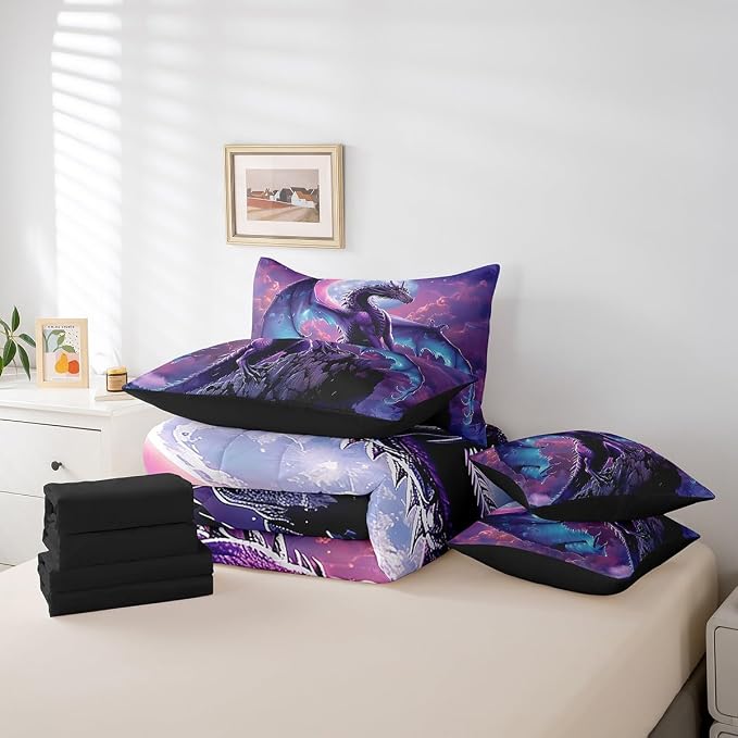 Erosebridal Dragon King Bedding Set - Purple Galaxy Bed in A Bag,3D Dragon Comforter Sets with Sheets, Jungle Wildlife 7 Pieces Bed Set Bedroom Decor - Image 6