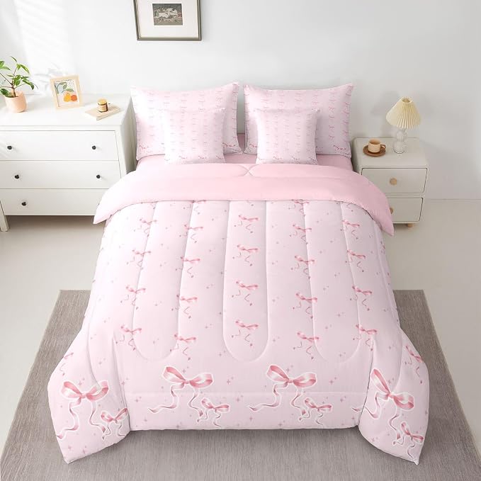 Erosebridal Girly Bowknot King Comforter Set for Girls Pink Bow 7 Piece Bedding Set Coquette Room Decor Dreamy Ribbon Bow Knot Princess Quilt Watercolor Aesthetic Bowtie Sheet Set with Comforter - Image 2