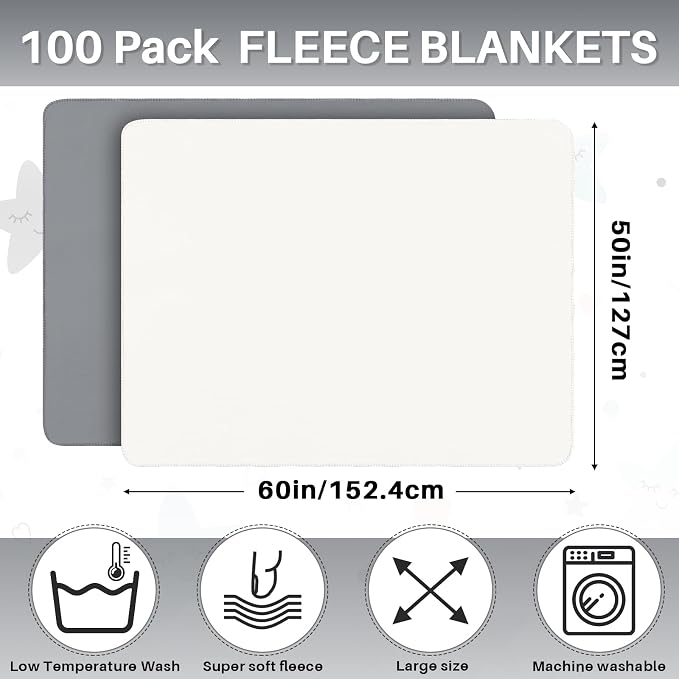 Newwiee 100 Pcs Bulk Fleece Throw Blankets 50'' x 60'' Oeko-tex Standard 100 Certified for Outdoor Wedding Guest Blankets Donation Homeless Sleepover Lap Pet Sofa, All Seasons Use (White/Gray) - Image 2