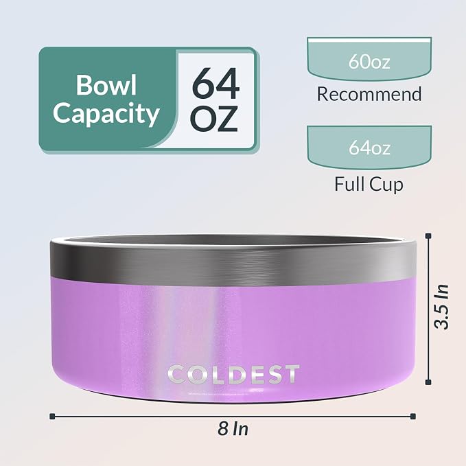 Coldest Dog Bowl - Anti Rust Metal, Non Slip, 3 Layers Insulated Stainless Steel Dog Bowls - Spill Proof & Heavy Duty - Water Bowl for Dogs, Cats, Dish Washer Safe (64 oz, Saturns Purple Glitter) - Image 4