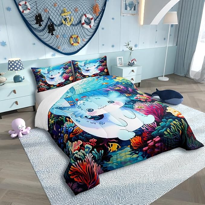 Manfei 3D Print Axolotl Comforter Set for Girls Kids,Cute Blue Ocean Animal Salamander All Season Cozy Bedding Set Full Size,Watercolor Undersea Coral Seaweed Duvet Set Bedroom Decor - Image 2