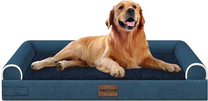 NANUYA Orthopedic Dog Bed for X-Large Dogs, 40 x 32 Inch, Navy Blue | Egg crate foam for joint support, 3-sided bolster pet sofa, waterproof lining, washable cover, and non-skid base by Nanuya