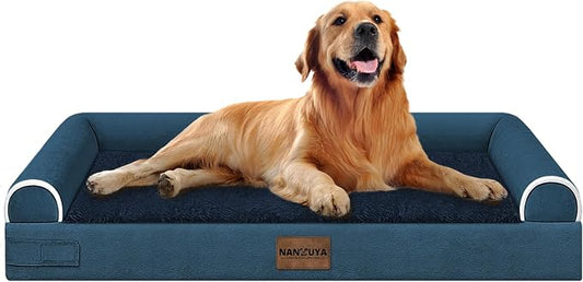 NANUYA Orthopedic Dog Bed for X-Large Dogs, 40 x 32 Inch, Navy Blue | Egg crate foam for joint support, 3-sided bolster pet sofa, waterproof lining, washable cover, and non-skid base by Nanuya