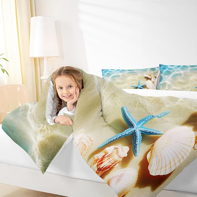 Ocean Comforter Set Twin Beach Bedding Set Coastal Nature Theme Teal Duvet Set Boys Girls Hawaiian Quilt Sets Sea Wave Animals Shell Starfish Reversible Comforter Set 1 Pillowcase, Blue Room Decor - Image 6