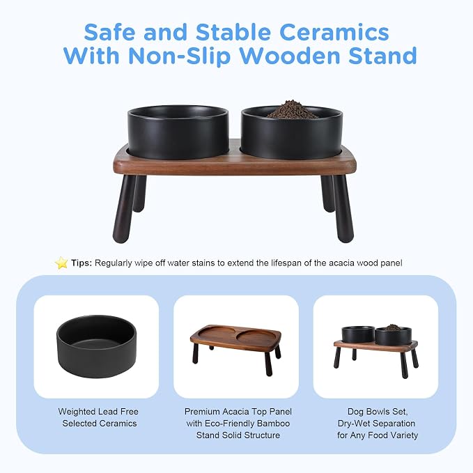 SPUNKYJUNKY Ceramic Elevated Dog Bowls Raised with Acacia Bamboo Wooden Stand, 6.1'' Dog and Cat Food Water Bowls Set Non-Slip for Small Medium Sized Breed Microwave Dishwasher Safe - 28.7 OZ,Black - Image 5