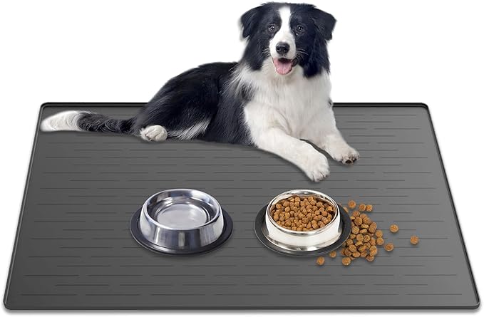 Large Dog Mat for Food and Water, 31.8"x23.8" Silicone Pet Feeding Mats, Waterproof Dog Bowl Mat with High Edges to Prevent Water and Food Spills, Dark Gray by Goldleaf