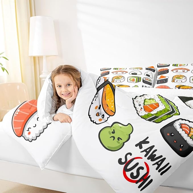 Erosebridal Kawaii Sushi Pattern Comforter Set King, Japanese Style Down Comforter, Food Theme Quilted Duvet for Kids Boys Girls Teens, Cute Cartoon Japanese Sushi Quilt Set Room Decorative - Image 6
