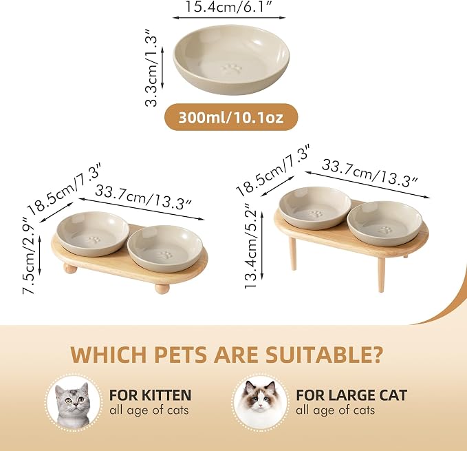 Havniva Elevated Cat Bowls, Raised Ceramic Cat Bowl with Stand, Two Heights | Cat Food & Water Bowl Set, Whisker Friendly, 6” Raised Cat Dishes, Shallow Cat Plates, Non-slip Wood Stand, Kitten Food Bowl - Image 2