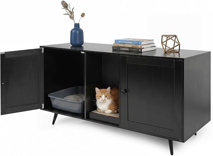 Tangkula Double Cat Litter Box Enclosure, Large Hidden Wooden Cat Cabinet for 2 Cats with Scratching Pad, Double Rooms, Versatile TV Stand Side Table for Indoor Living Room by TANGKULA