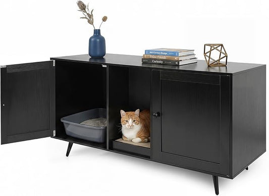 Tangkula Double Cat Litter Box Enclosure, Large Hidden Wooden Cat Cabinet for 2 Cats with Scratching Pad, Double Rooms, Versatile TV Stand Side Table for Indoor Living Room by TANGKULA