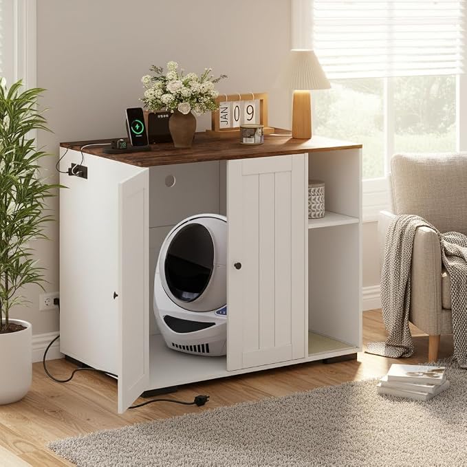Garvee Large Cat Robot 4 Enclosure Furniture, Cat Litterbox Robot Cabinet | With Power Outlet, 5 ft Power Cord, Dog Proof Shelf, for Most Self-Cleaning Litter Boxes White - Image 5
