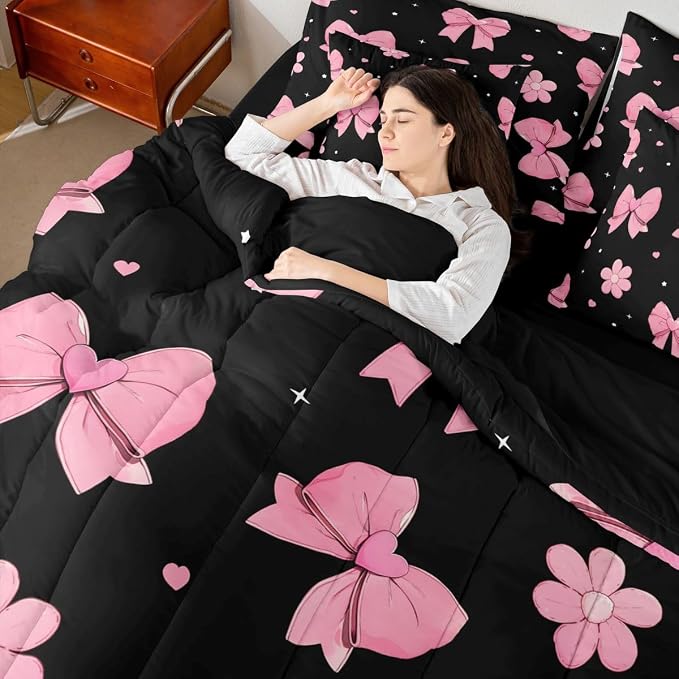 Erosebridal Bowknot 7 Piece Comforter Set Queen Size Black Pink Bedding Set for Girls Kids Bedroom Pink Bows Comforter Microfiber Bow Heart Pattern Bed in A Bag with Sheets Flower Bed Set - Image 4