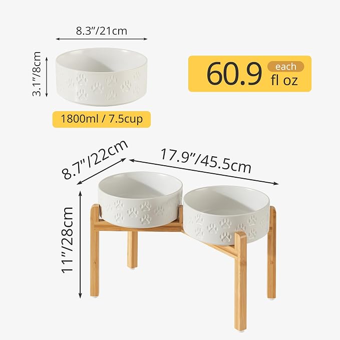 Elevated Ceramic Dog Bowl Set, Anti-Skid Bamboo Stand, White, 8.3 inch | Food and Water Bowls with Fixed Non-Slip Rubber Ring, Microwave Safe, Easy to Clean, 7.5 Cup per Bowl, for Large Breed Dogs - Image 3