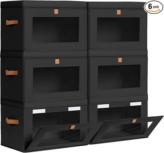 Homsorout Collapsible Storage Bins - Large Stackable Organizer Bins, Decorative Boxes with Handles & Window, Fabric Containers for Living Room, Closet, Dorm, 6 Pack, Black by Homsorout