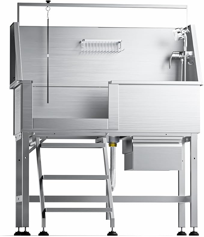 46" Dog Washing Station, Leak-Proof 304 Stainless Steel Dog Bathtub with Non-Slip Removable Left Stair & Storage Drawer, Elevated Pet Wash Station for Large Dogs, Indoor & Outdoor Use (Left Stair) by Unknown