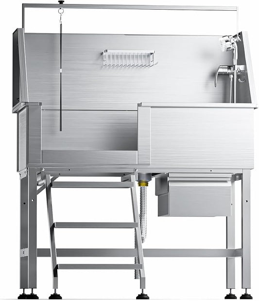 46" Dog Washing Station, Leak-Proof 304 Stainless Steel Dog Bathtub with Non-Slip Removable Left Stair & Storage Drawer, Elevated Pet Wash Station for Large Dogs, Indoor & Outdoor Use (Left Stair) by Unknown
