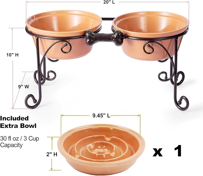 Elevated Dog Bowl Stand with 3 Large Ceramic Bowls – Raised Feeding Station for Medium & Large Dogs, Includes 2 Standard Bowls + 1 Slow Feeder, Durable Iron Frame, Non-Slip (Almond) - Image 6