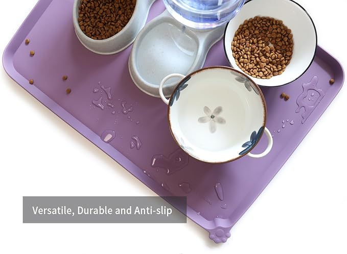 Hoki Found X-Large Silicone Pet Food Mats - Non-Slip Pet Dog Cat Bowl Placemats - Waterproof Food & Water Mats for Carpet - Amethyst - Image 4