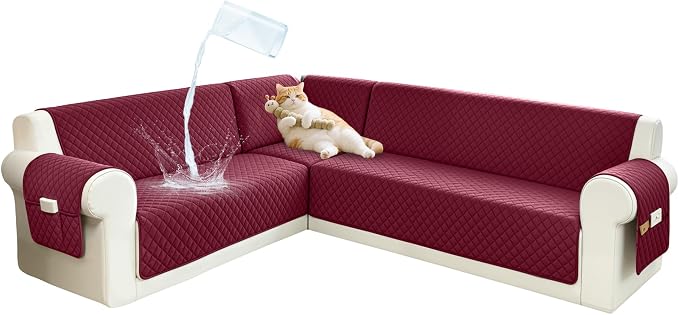 Sectional Couch Covers for Dogs 100% Waterproof Corner L Shaped Sofa Cover Pet Friendly Velvet Washable Anti Slip L Shape Modular Sofa Slipcover Protector with Pockets (Red, X-Large) by SYJOVIA