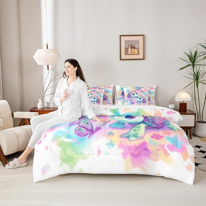 Erosebridal Kids Sea Turtle 7-Piece Bedding Set King Size, Marine Life Tortoise Comforter Set with Sheets, Watercolour Florals and Butterfly Bed in A Bag, Dreamy Aesthetic Bedding Comforter Sets - Image 6