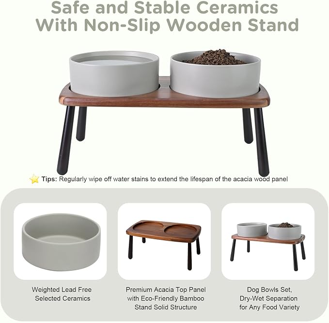 SPUNKYJUNKY Ceramic Elevated Dog Bowls Raised with Acacia Bamboo Wooden Stand, 8.3'' Dog Food Water Bowls Set Non-Slip for Medium Large Sized Breed Microwave Dishwasher Safe - 60 OZ,Grey - Image 5