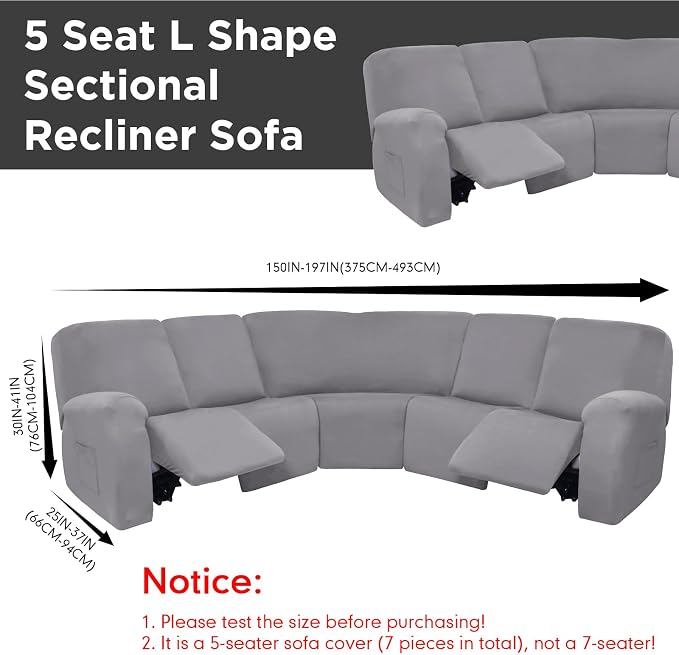 Peryiter 7 Pcs L Shape Sectional Recliner Sofa Covers 5 Seat Sectional Couch Covers Milk Silk Velvet Stretch Reclining Sofa Slipcover Furniture Protector for Living Room(Light Gray,Milk Silk) - Image 3