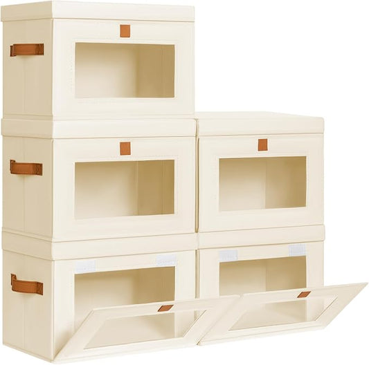 Homsorout Medium Fabric Storage bins - Collapsible Storage Bins with Open Window, 5 Pack Closet Baskets for Shelves, Stackable Decorative Boxes for Home, Dorm, Beige, 13.7"x 9.8" x 9.8" by Homsorout