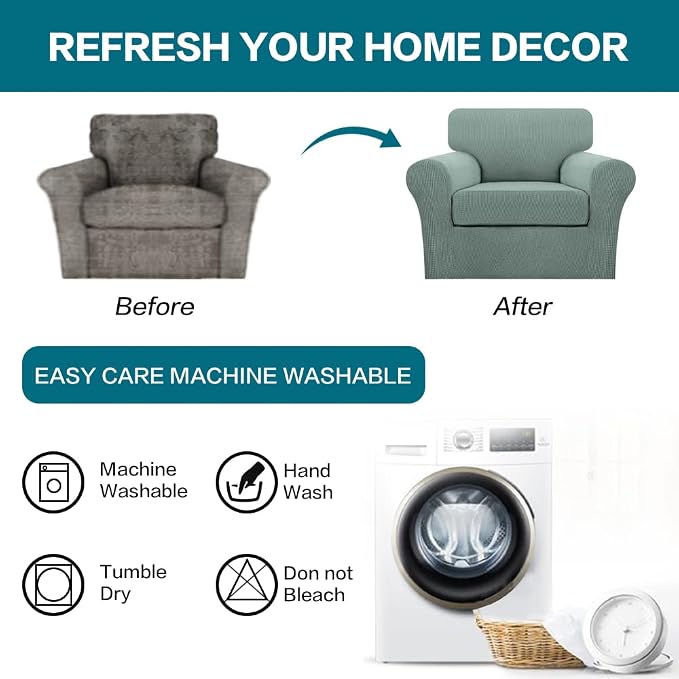 Turquoize 2 Piece Chair Covers Chair Slipcovers for Living Room Armchair Couch Cover Chair Sofa Cover with Individual Cushion Covers Furniture Cover for Chairs Feature Thick Fabric (Chair, Dark Cyan) - Image 7