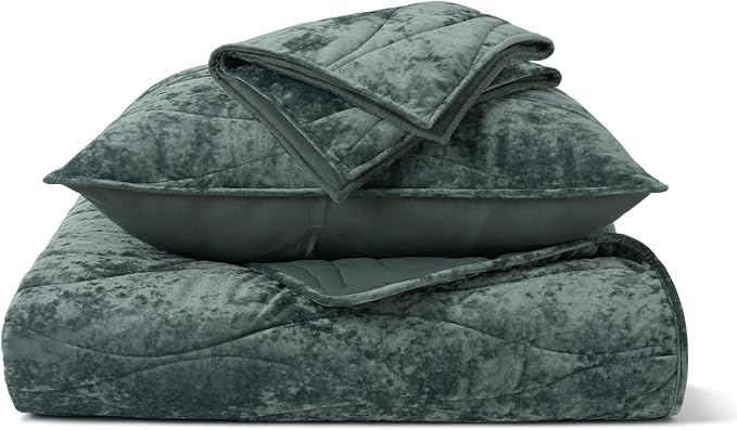 EverGrace Luxury Wave Crushed Velvet Quilt Set, King Size, Dark Green | Luxurious Soft, Lightweight Velvet Comforter, Cozy Plush Oversized Bedspread Coverlet for All Season, with 2 Shams - Image 9