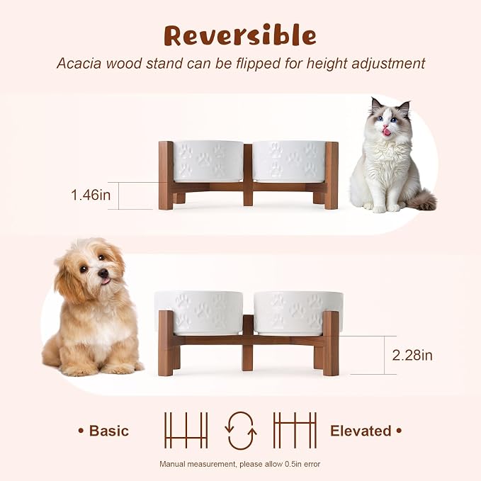 SPUNKYJUNKY Ceramic Elevated Dog Bowl Set with Acacia Wood Stand for Food and Water for Cats and Small Dogs (13.52 OZ, White, Dog Paw Pattern) - Image 3