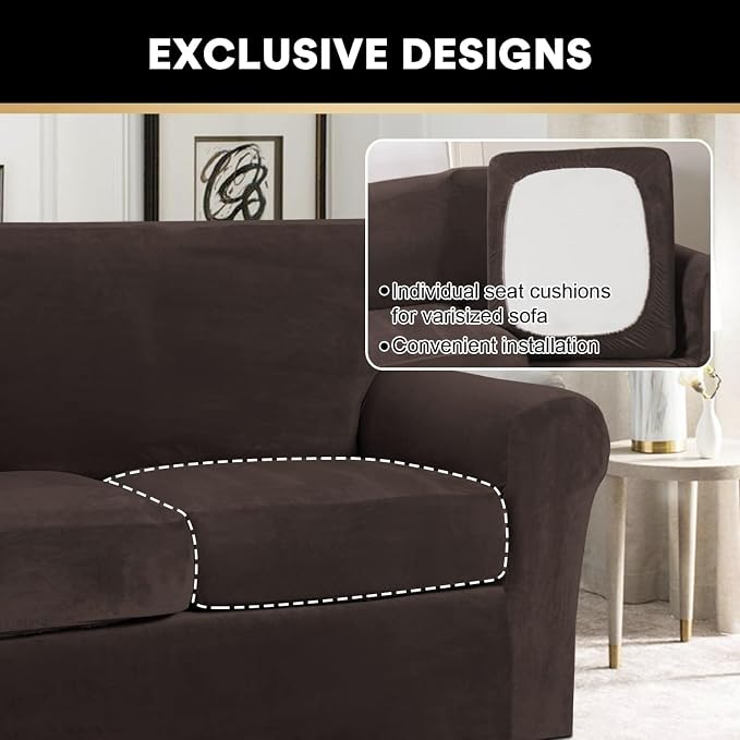 PrinceDeco Couch Cover Velvet Plush Sofa Covers for 2 Cushion Couch Width Up to 90 Inch Washable Furniture Protector Pet Friendly No Slip Sofa Slipcover(Medium-Large, Brown) - Image 5