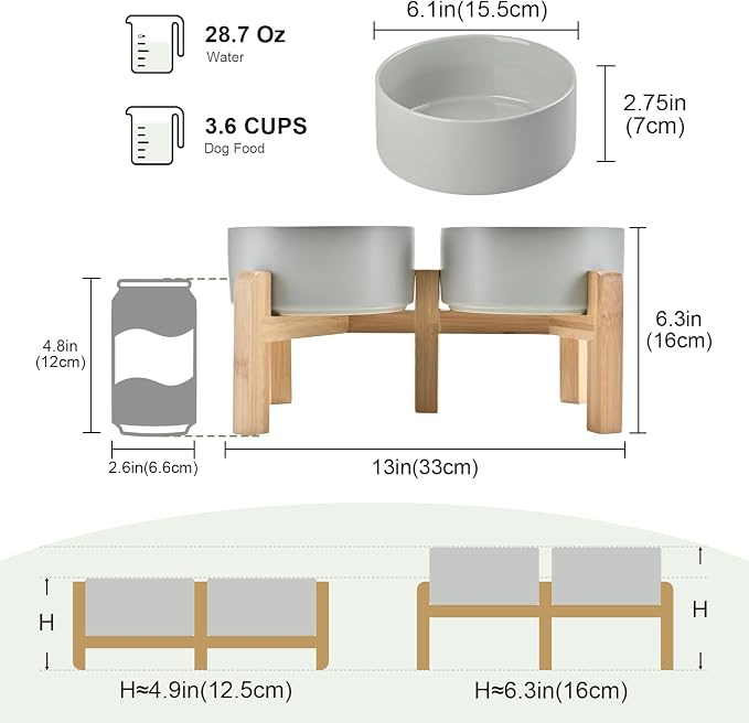 SPUNKYJUNKY Elevated Dog Bowls Ceramic, 6.1'' Dogs and Cat Food Water Bowls Raised with Non-Slip Bamboo Stand for Medium Sized Breed Microwave Dishwasher Safe - 28.7 OZ,Grey - Image 2