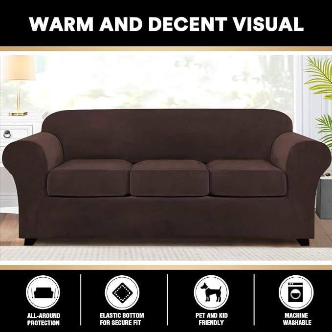 PrinceDeco Velvet Couch Covers for Sofa Soft 4 Pieces Couch Covers for 3 Cushion Couch Sofa Pet Friendly Furniture Protector with Non Slip Elastic Bottom Width Up to 90 Inch (Large, Brown) - Image 6
