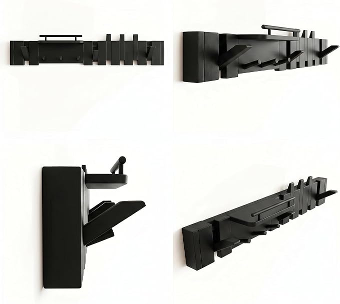 Mid Century Modern Wood Coat Rack Wall Mount with Shelf, 9 Hooks, Black | Wood and metal wall rack with fold-down piano-key hooks and display shelf organizes coats, bags, keys and decor up to 25 lb. - Image 7