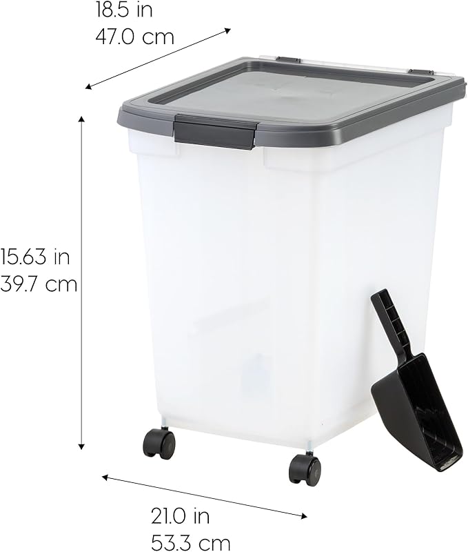 IRIS USA Dog Food Storage Container 50 lbs, with Removable Rolling Wheels & Included Scoop, for Dog Cat Bird and Other Pets, Food Storage Bin, Keep Fresh, Made in USA, Clear/Dark Gray - Image 2