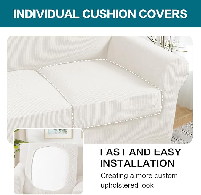 Turquoize 4 Piece Sofa Covers for 3 Cushion Couch Sofa Slipcover Soft Couch Cover for Dogs-Washable Sofa Furniture Covers with 3 Individual Large Cushion Covers (XL Sofa, Porcelain White) - Image 5
