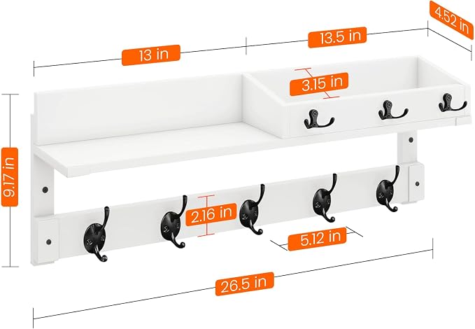 Homode Coat Rack Wall Mount with Hooks and Mail Holder | Entryway Floating Shelf with Key Hooks, Hanging Coat Hanger for Entry, Bathroom, Hallway, Bedroom, White - Image 7