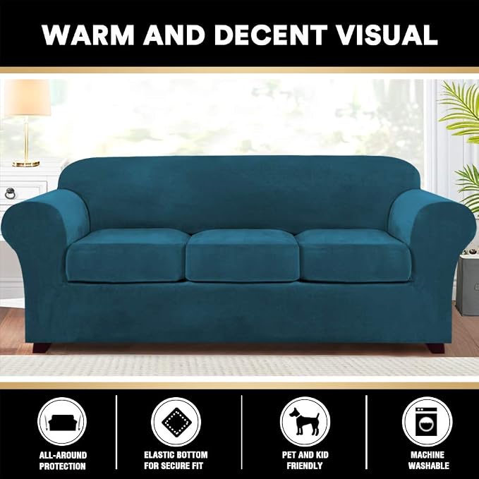PrinceDeco Velvet Couch Covers for Sofa Soft 4 Pieces Couch Covers for 3 Cushion Couch Sofa Pet Friendly Furniture Protector with Non Slip Elastic Bottom Width Up to 90 Inch(Large, Deep Teal) - Image 6