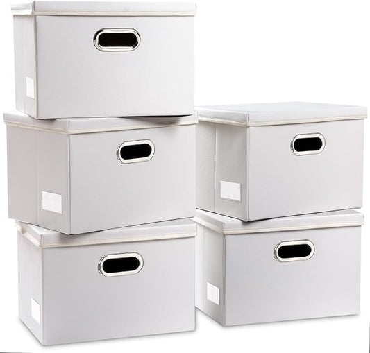 PRANDOM Foldable Storage Bins with Lids [5-Pack] Leather Fabric Collapsible Storage Boxes Organizer Containers Baskets Cube with Cover for Bedroom Closet Office Nursery White (14.9x10.8x10) by Prandom