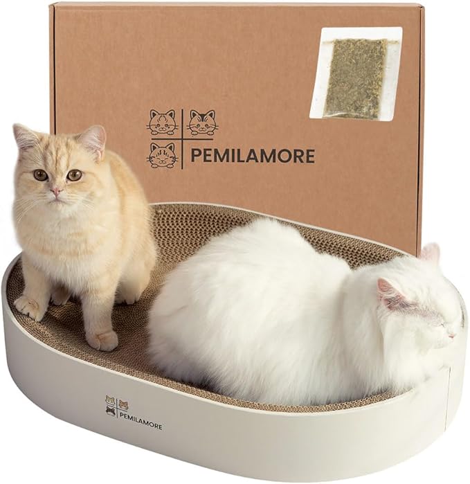 Extra Large Oval Cat Scratcher Lounge Bed - Heavy Duty Double-Sided Cardboard Scratching Pad, Modern White Cat Furniture & Sofa for Large Indoor Cats by Unknown