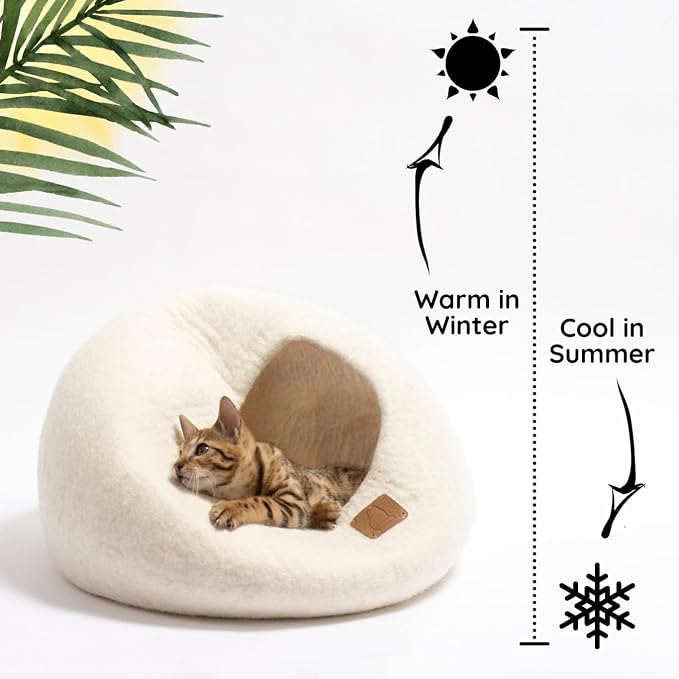 Extra Thick Felted Wool Cat Cave Bed Your Pet Will Love - Cozy and Warm Hideaway for Sleeping & Relaxing - Large and Small Pets - 100% Organic, Durable, Long-Lasting Comfort (Snow White, Small) - Image 5