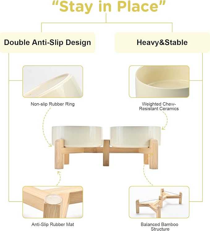 SPUNKYJUNKY Elevated Dog Bowls Ceramic, 5.1'' Dogs and Cat Food Water Bowls Raised with Non-Slip Bamboo Stand for Puppy Small Sized Breed Microwave Dishwasher Safe - 13.5 OZ,Beige - Image 4