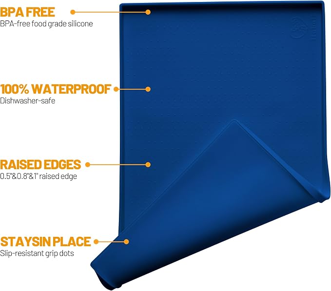Hubulk Dog Feeding Mat,100% Waterproof Food Grade Silicone Pet Food and Water Bowl Placemat,Dishwasher, High Raised Edge to Prevent Spills,Nonslip Tray to Stop Messes on Floor (32"x24"x1.0", Navy) - Image 2