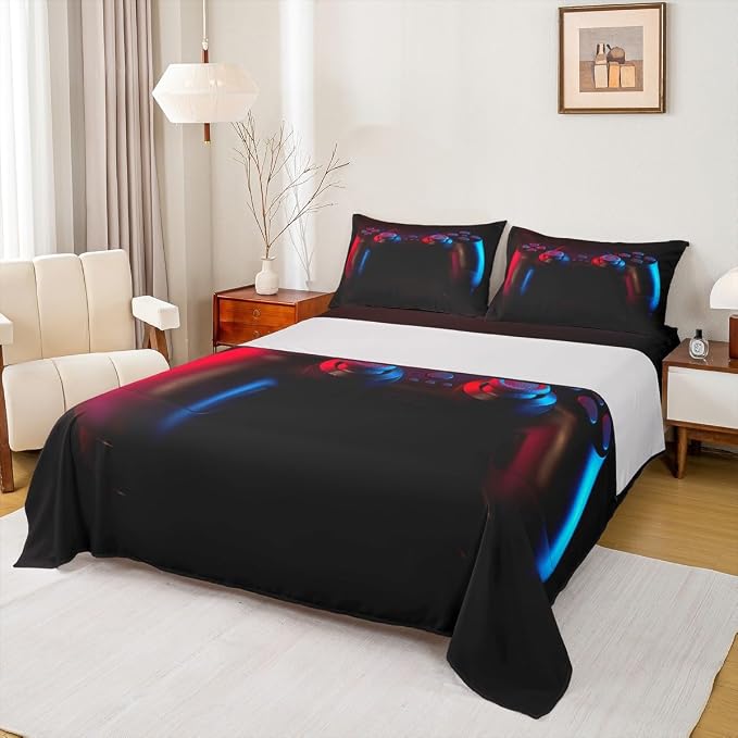 Erosebridal Games Bedding Set Queen Size,Kids Gamer Bed Sheet Set Teens Video Games Fitted Sheet Boys 3D Gamepad Flat Sheet Children Game Bedroom Decor Soft Modern Gaming Controller Sheets,Black by Erosebridal